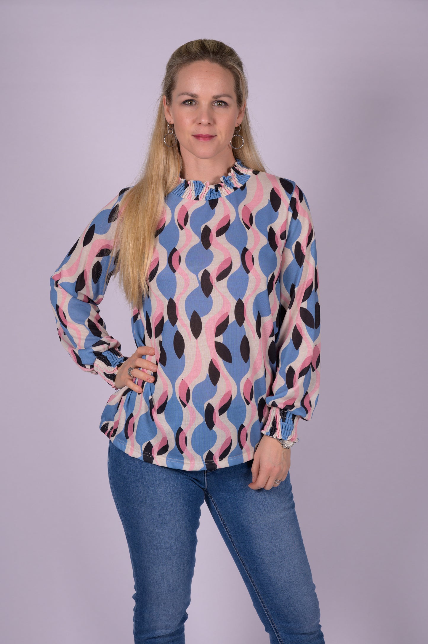 Bloesje blauw/roze print
