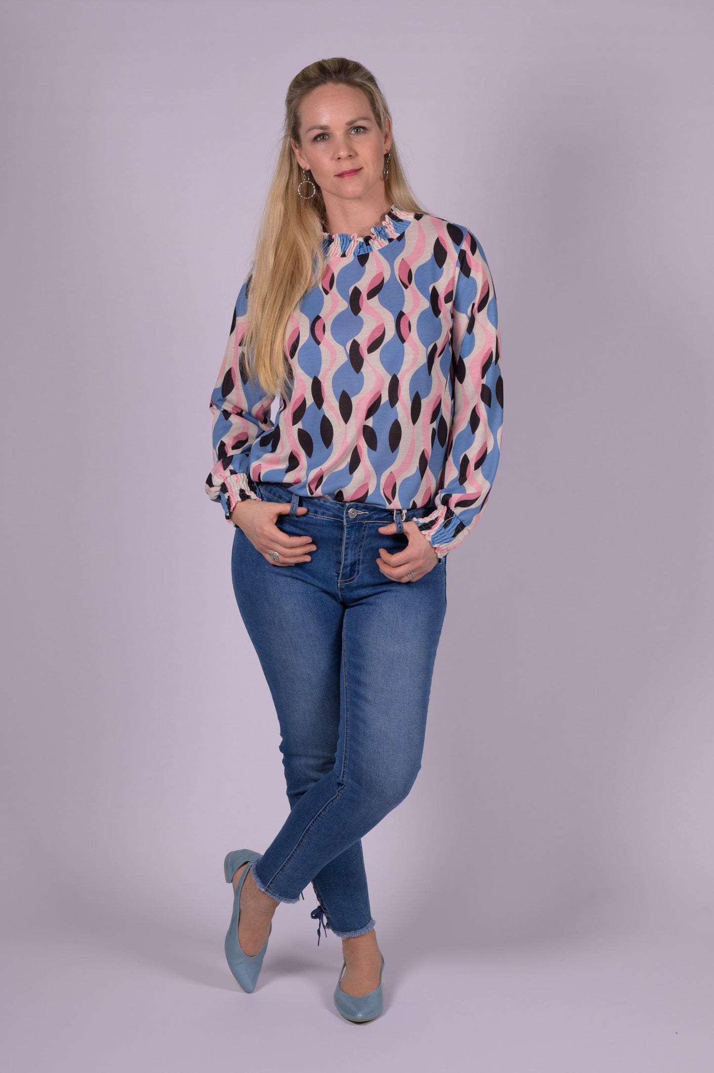 Bloesje blauw/roze print