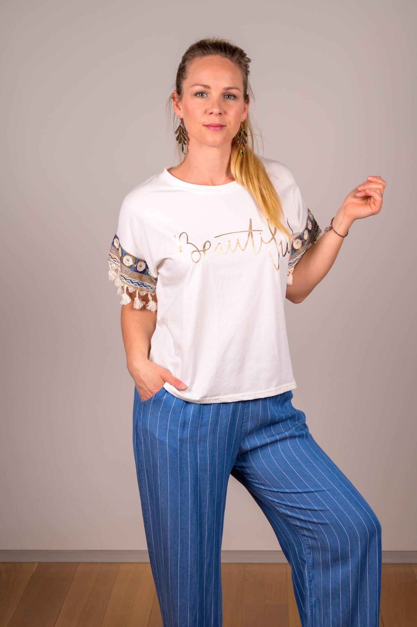 Losse broek jeanslook krijtstreep